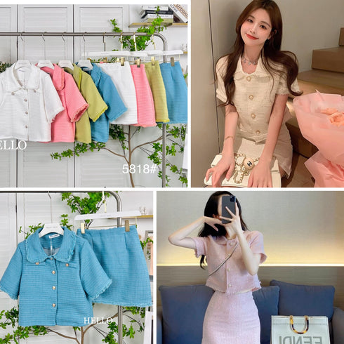 HELLO Elegant Vintage Two Piece Set Single Breasted Top with Mini Skirt